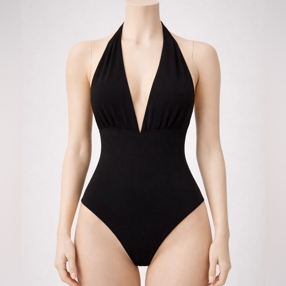 Black Halter Tie Neck Bodysuit Deep Plunge Backless Minimalist Sexy One Piece